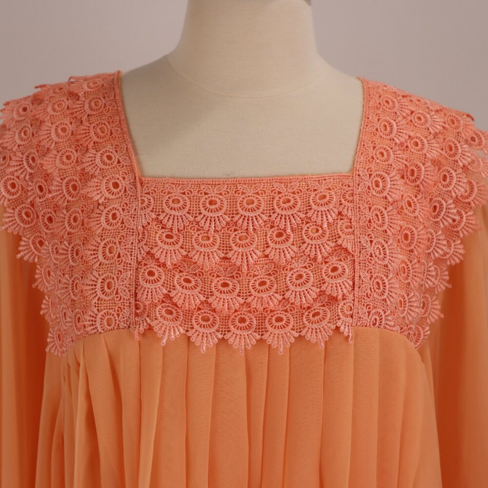 🌺 Vtg Apricot Peach Long Chiffon Lace Caftan Dress Nightgown Lounger Hostess L - Picture 7 of 8